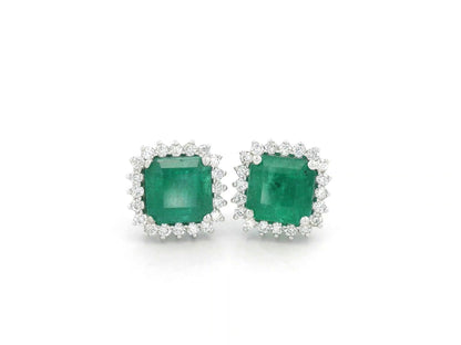 18K white gold emerald and diamond halo stud earrings with square-cut emeralds and brilliant diamond accents by Emirates Diamonds