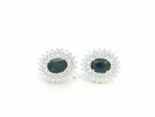 Blue Sapphire & Diamond Halo Earrings in 18K White Gold | Emirates Diamonds