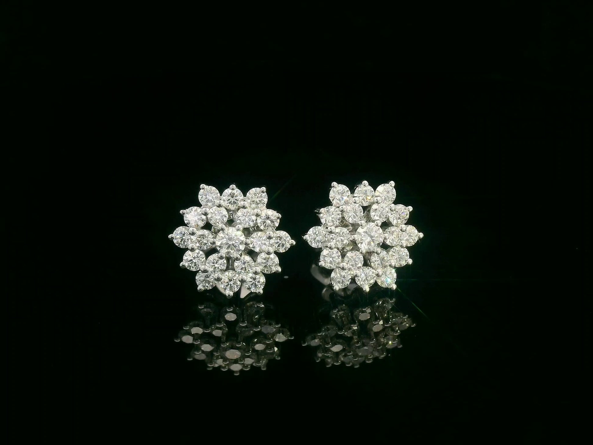 Diamond cluster stud earrings in 18K white gold with 1.85 carat total diamond weight by Emirates Diamonds
