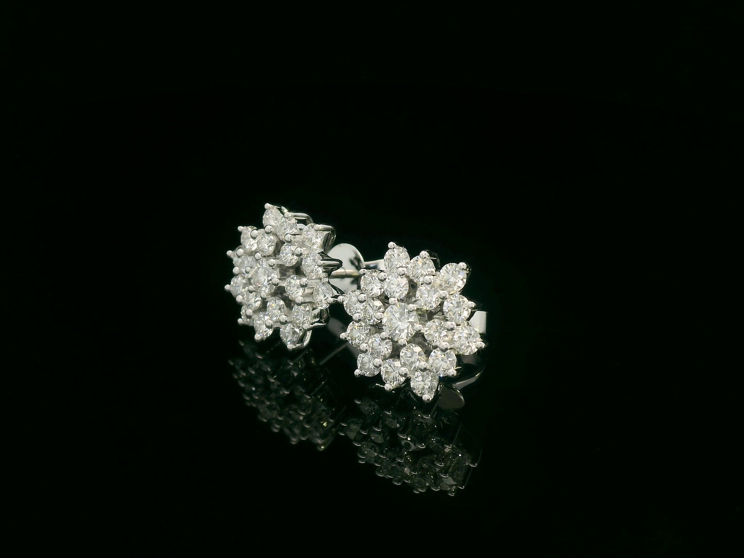 Diamond cluster stud earrings in 18K white gold with 1.85 carat total diamond weight by Emirates Diamonds