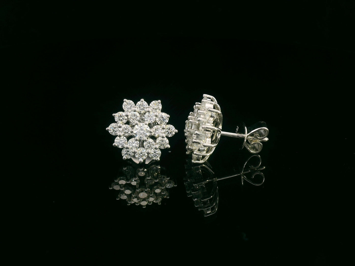 Diamond cluster stud earrings in 18K white gold with 1.85 carat total diamond weight by Emirates Diamonds