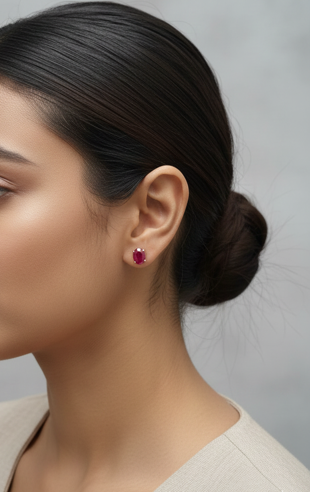 18K yellow gold ruby stud earrings featuring oval-cut natural rubies totaling 5.19 carats by Emirates Diamonds.