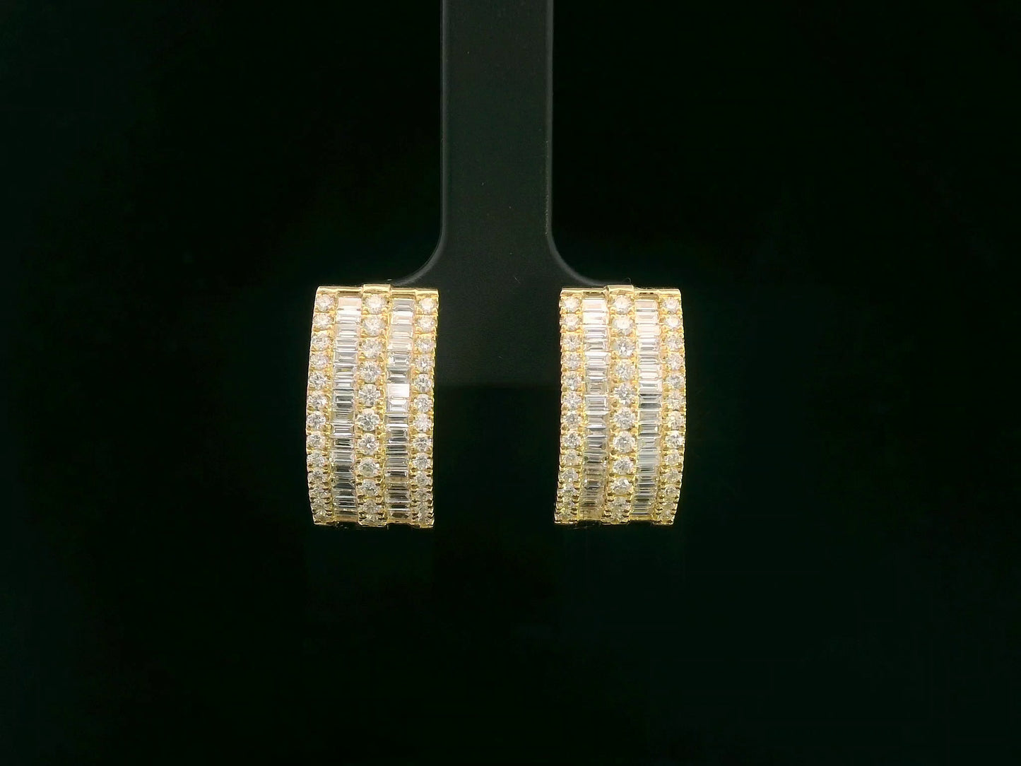 18K yellow gold diamond hoop earrings with baguette and round-cut diamonds by Emirates Diamonds