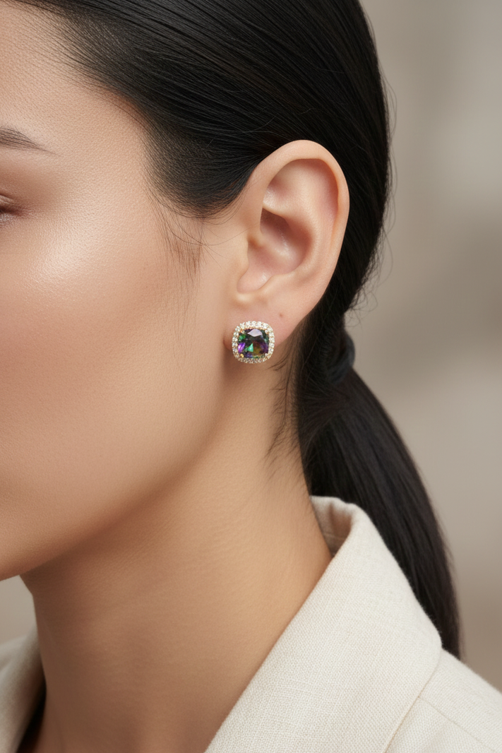 18K yellow gold mystic quartz and diamond halo stud earrings by Emirates Diamonds