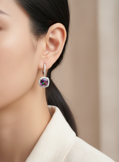 Mystic quartz and diamond drop earrings in 18K white gold with cushion-cut gemstones and diamond halo by Emirates Diamonds