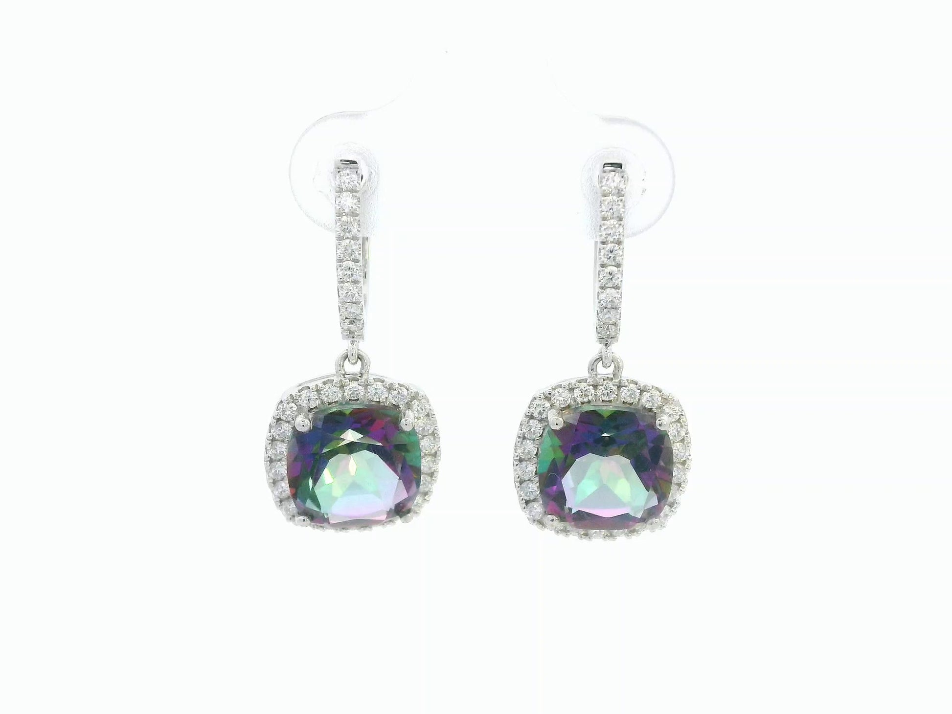 Mystic quartz and diamond drop earrings in 18K white gold with cushion-cut gemstones and diamond halo by Emirates Diamonds