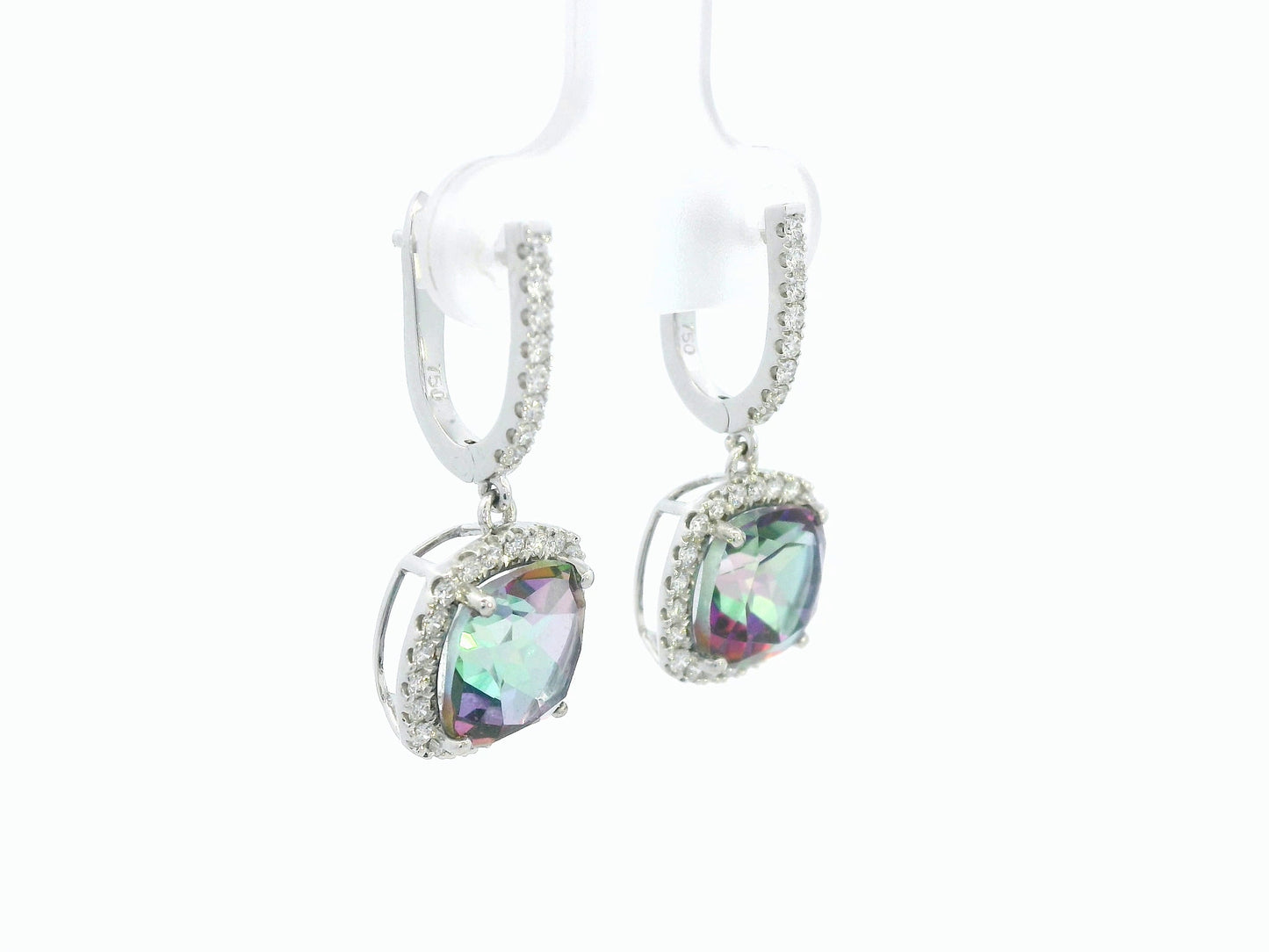 Mystic quartz and diamond drop earrings in 18K white gold with cushion-cut gemstones and diamond halo by Emirates Diamonds