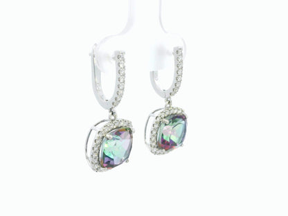 Mystic quartz and diamond drop earrings in 18K white gold with cushion-cut gemstones and diamond halo by Emirates Diamonds