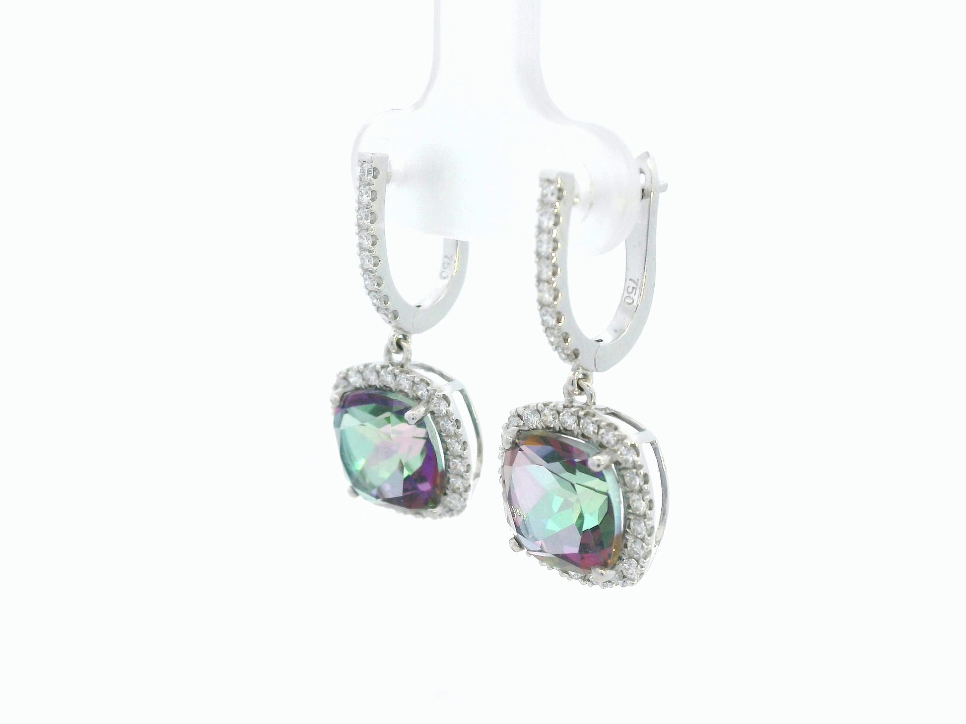 Mystic quartz and diamond drop earrings in 18K white gold with cushion-cut gemstones and diamond halo by Emirates Diamonds