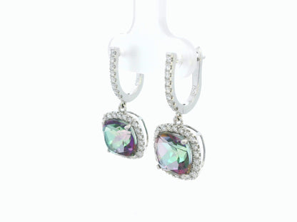 Mystic quartz and diamond drop earrings in 18K white gold with cushion-cut gemstones and diamond halo by Emirates Diamonds