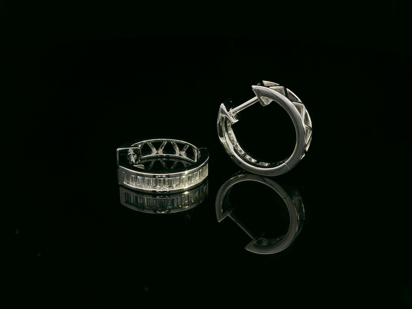 Baguette diamond hoop earrings in 18K white gold with 0.42 carat total diamond weight by Emirates Diamonds