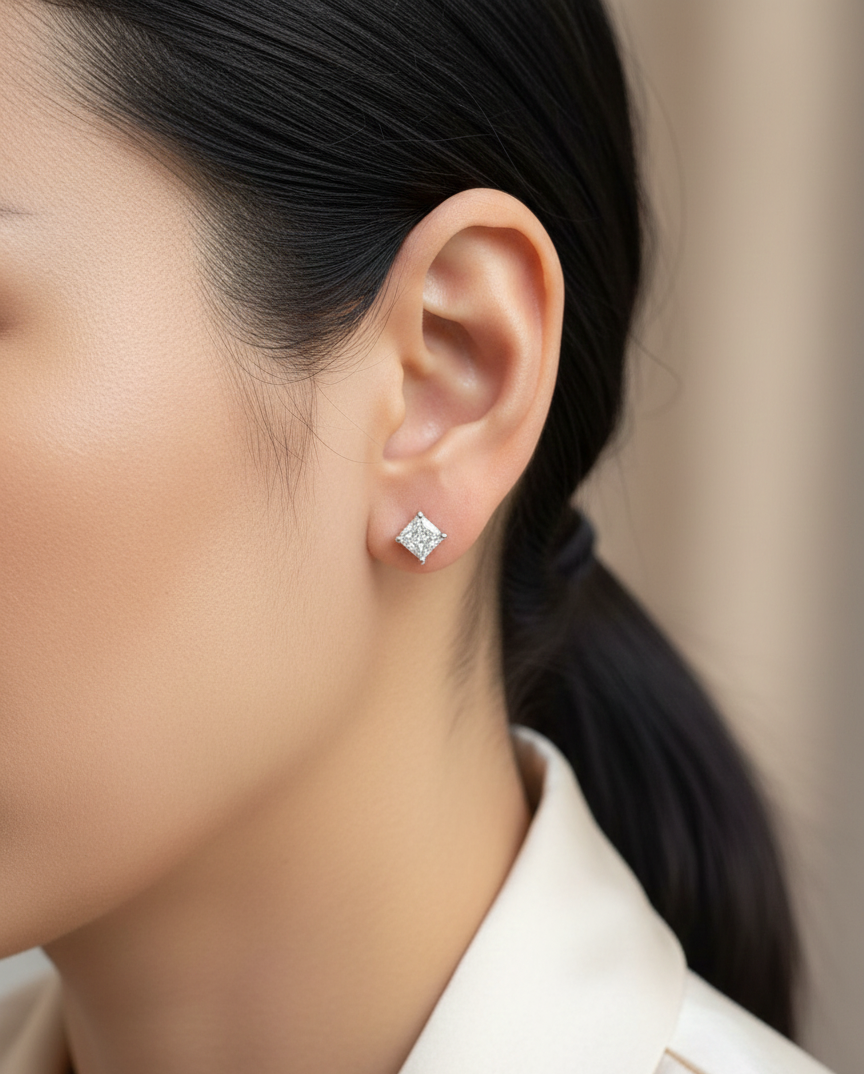 Princess cut diamond solitaire stud earrings in 18K white gold featuring 2.02 carats total GIA certified VS2 F color diamonds by Emirates Diamonds