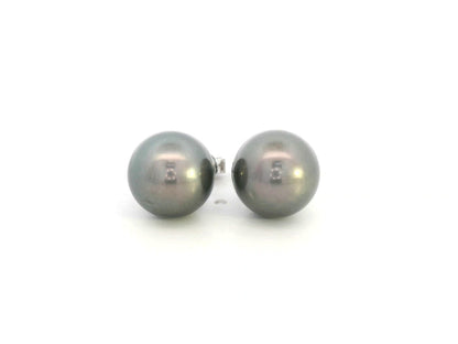 Tahitian black pearl stud earrings in 18K white gold featuring South Sea pearls by Emirates Diamonds