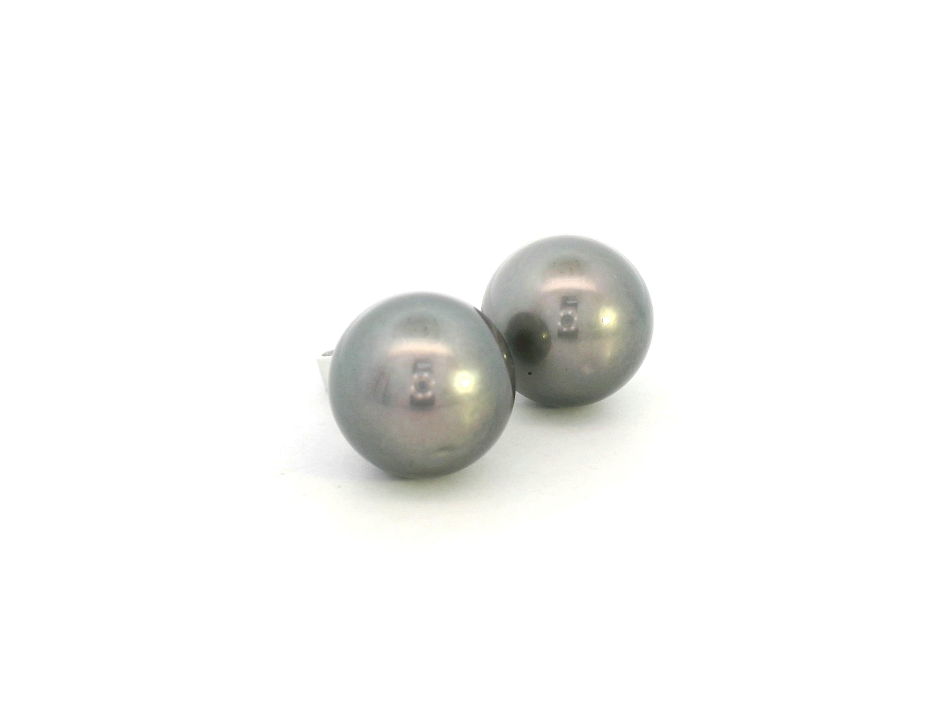Tahitian black pearl stud earrings in 18K white gold featuring South Sea pearls by Emirates Diamonds