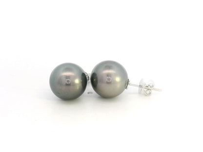 Tahitian black pearl stud earrings in 18K white gold featuring South Sea pearls by Emirates Diamonds
