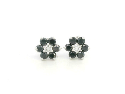 Black and white diamond floral stud earrings in 18K white gold with 1.27 carat total diamond weight by Emirates Diamonds