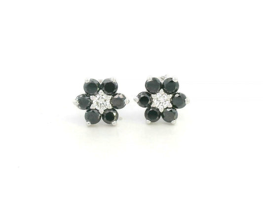 Black and white diamond floral stud earrings in 18K white gold with 1.27 carat total diamond weight by Emirates Diamonds