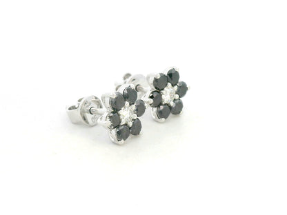 Black and white diamond floral stud earrings in 18K white gold with 1.27 carat total diamond weight by Emirates Diamonds