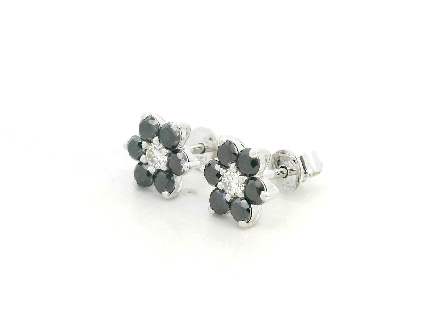 Black and white diamond floral stud earrings in 18K white gold with 1.27 carat total diamond weight by Emirates Diamonds