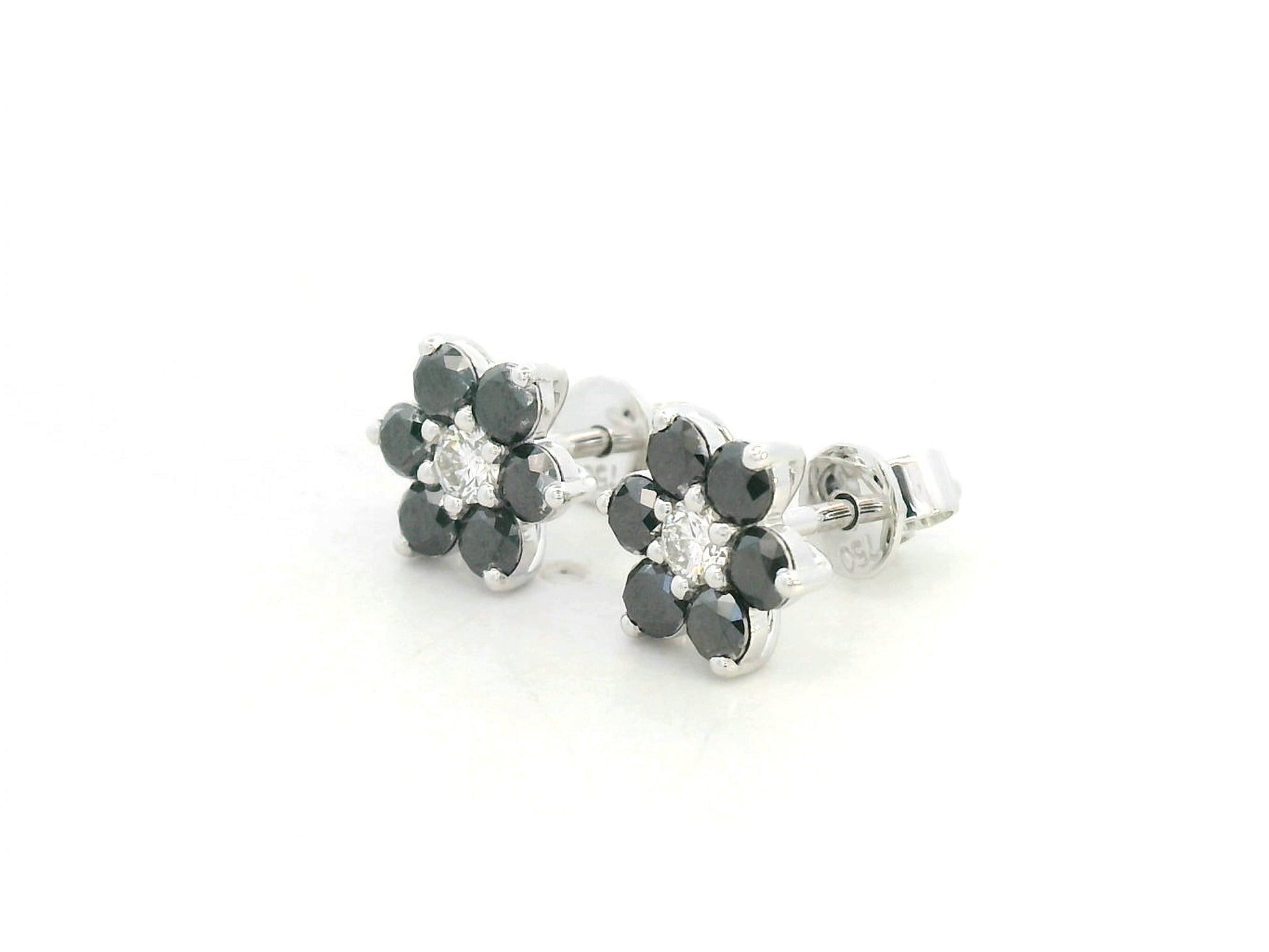 Black and white diamond floral stud earrings in 18K white gold with 1.27 carat total diamond weight by Emirates Diamonds
