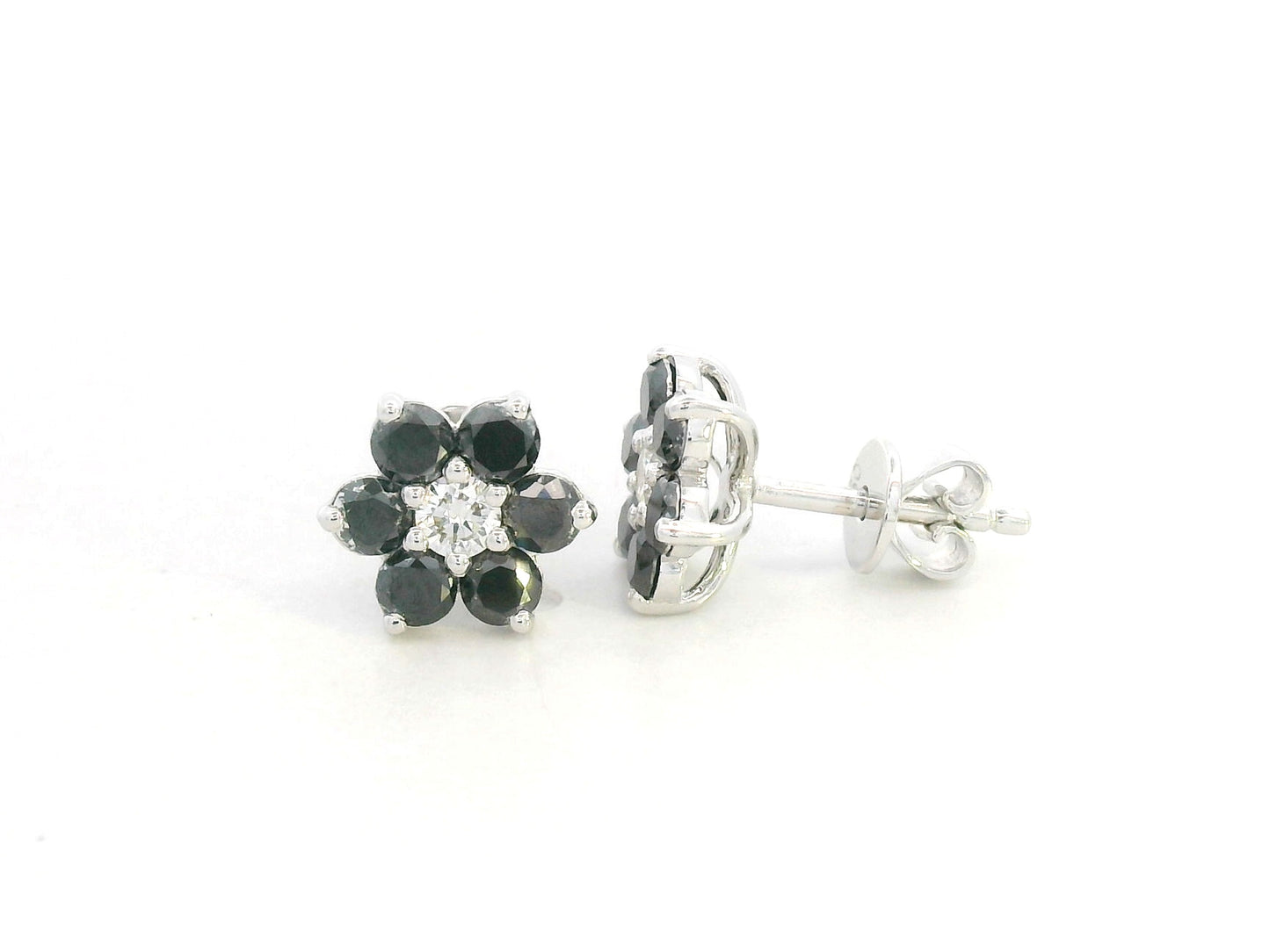 Black and white diamond floral stud earrings in 18K white gold with 1.27 carat total diamond weight by Emirates Diamonds