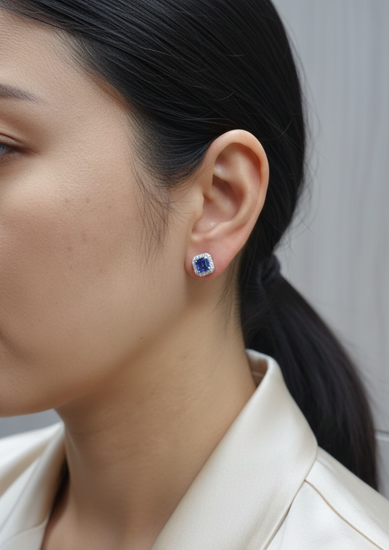 18K white gold square emerald-cut tanzanite and diamond halo stud earrings – Emirates Diamonds