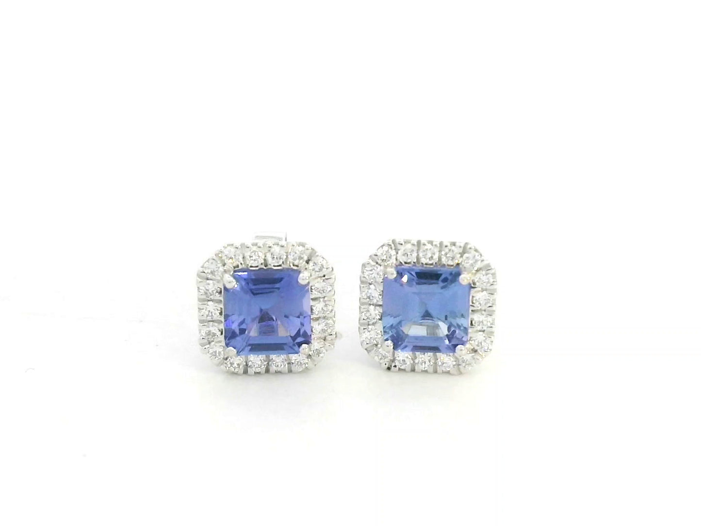 18K white gold square emerald-cut tanzanite and diamond halo stud earrings – Emirates Diamonds
