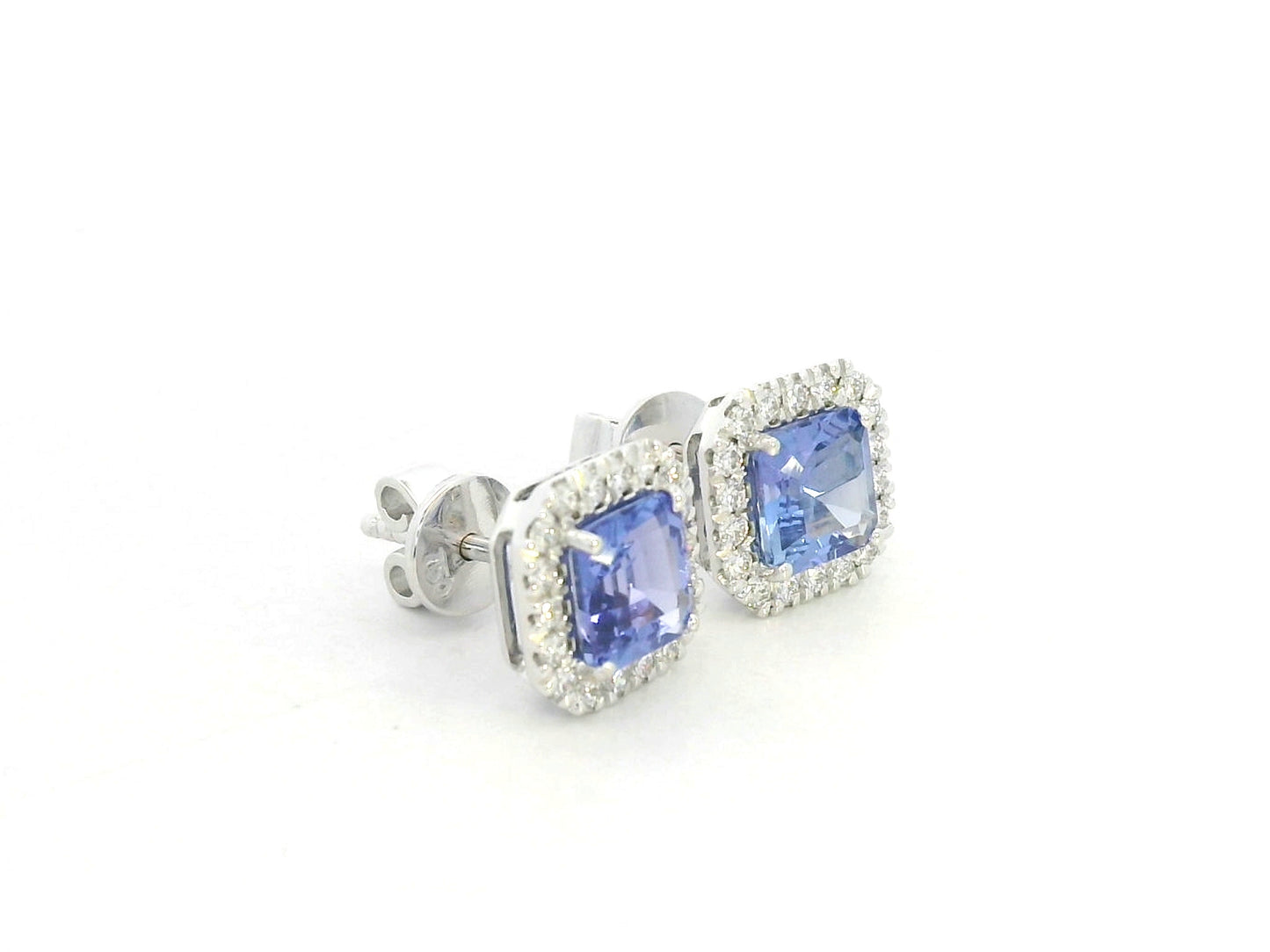 18K white gold square emerald-cut tanzanite and diamond halo stud earrings – Emirates Diamonds
