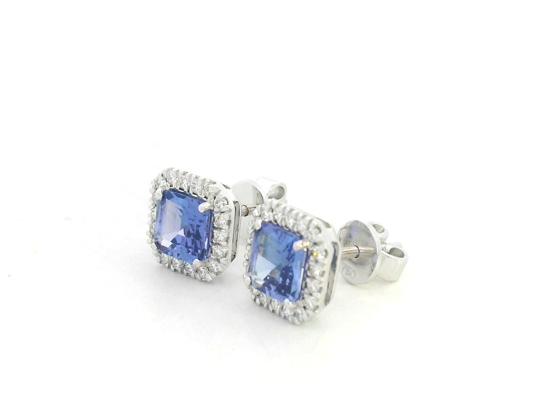 18K white gold square emerald-cut tanzanite and diamond halo stud earrings – Emirates Diamonds