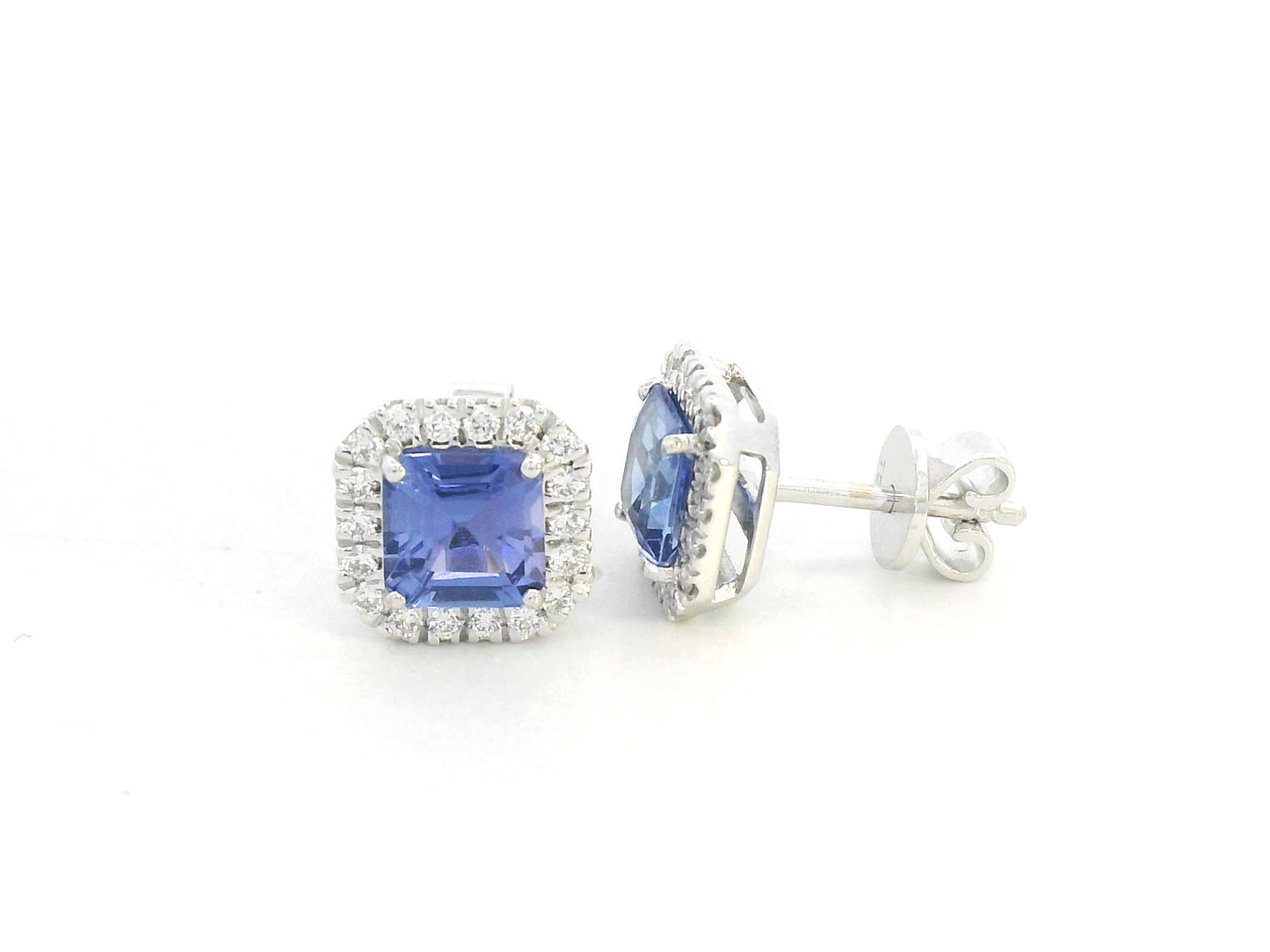 18K white gold square emerald-cut tanzanite and diamond halo stud earrings – Emirates Diamonds