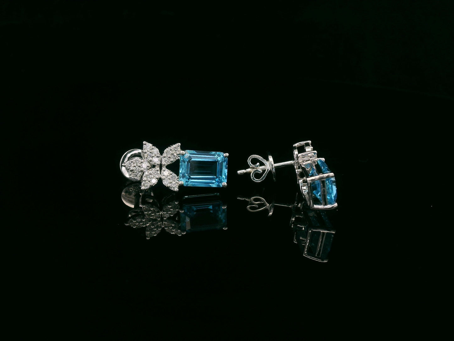 18K white gold Swiss blue topaz and diamond stud earrings with  diamond floral design – Emirates Diamonds