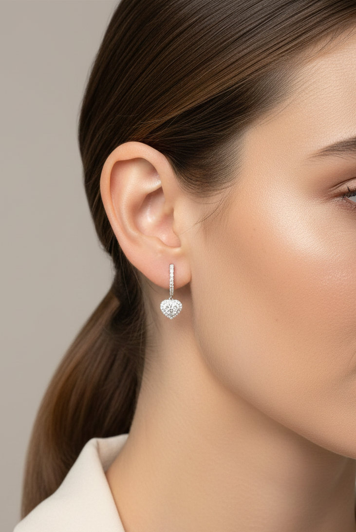 18K white gold diamond heart drop hoop earrings with pavé-set diamonds, luxury fine jewelry by Emirates Diamonds.