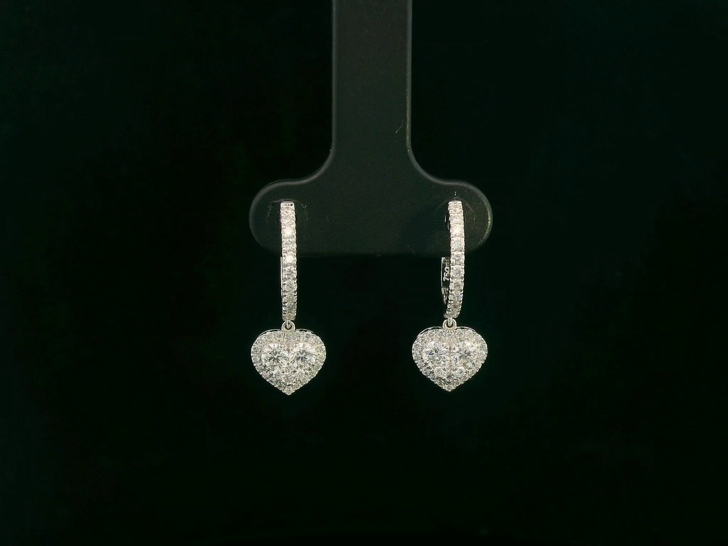 18K white gold diamond heart drop hoop earrings with pavé-set diamonds, luxury fine jewelry by Emirates Diamonds.