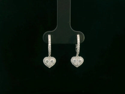 18K white gold diamond heart drop hoop earrings with pavé-set diamonds, luxury fine jewelry by Emirates Diamonds.