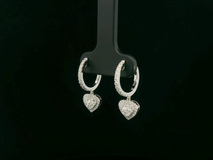 18K white gold diamond heart drop hoop earrings with pavé-set diamonds, luxury fine jewelry by Emirates Diamonds.