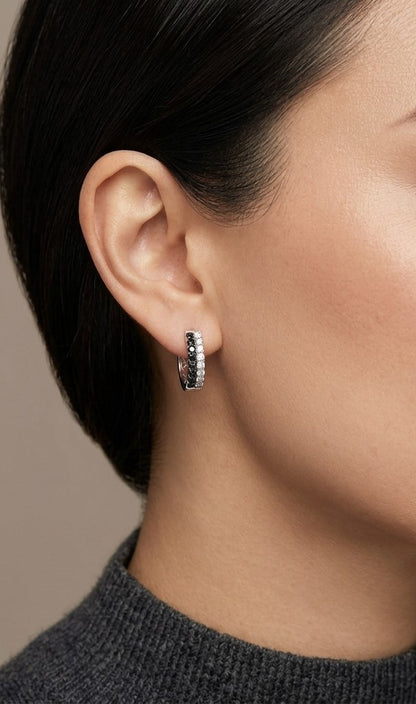 Black and White Diamond Hoop Earrings in 18K White Gold