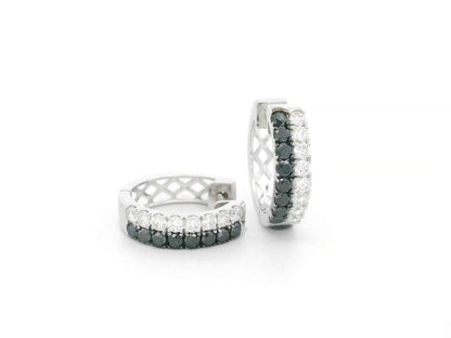 18K white gold hoop earrings with white and black pavé-set diamonds, modern luxury design by Emirates Diamonds.