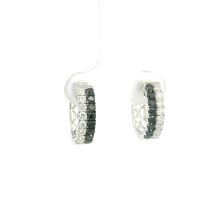 18K white gold black and white diamond hoop earrings with double rows of round diamonds