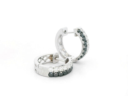 18K white gold hoop earrings with white and black pavé-set diamonds, modern luxury design by Emirates Diamonds.