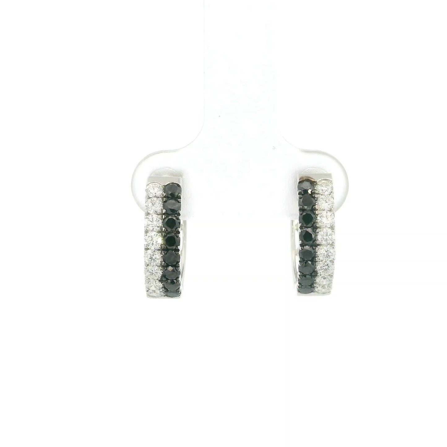18K white gold black and white diamond hoop earrings with double rows of round diamonds