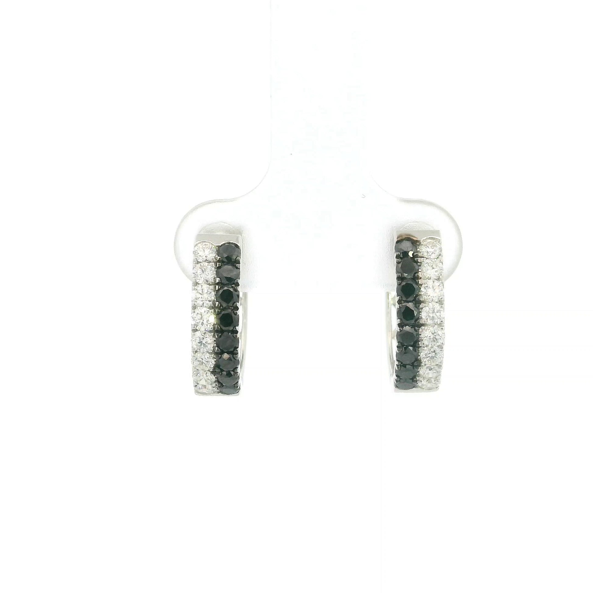 18K white gold black and white diamond hoop earrings with double rows of round diamonds