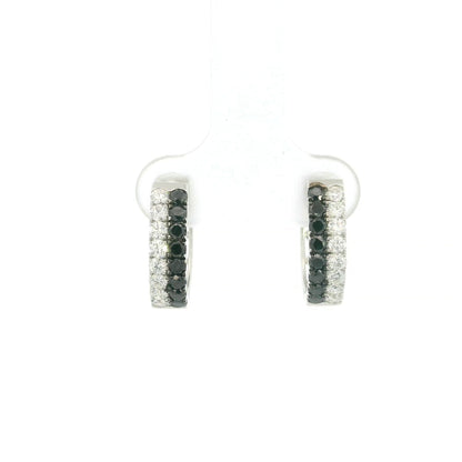 18K white gold black and white diamond hoop earrings with double rows of round diamonds