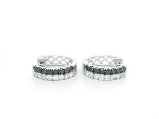 18K white gold hoop earrings with white and black pavé-set diamonds, modern luxury design by Emirates Diamonds.