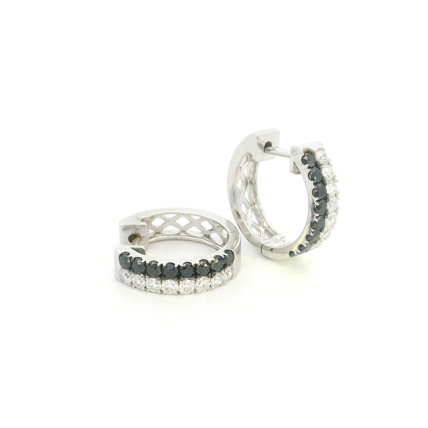 18K white gold black and white diamond hoop earrings with double rows of round diamonds
