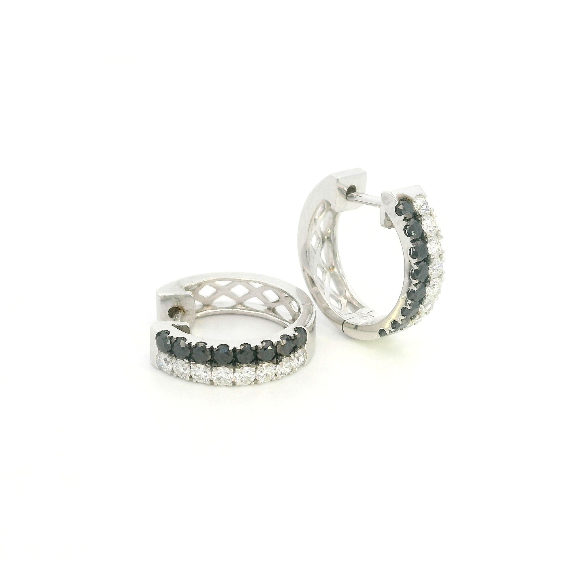 18K white gold black and white diamond hoop earrings with double rows of round diamonds