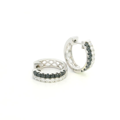 18K white gold black and white diamond hoop earrings with double rows of round diamonds