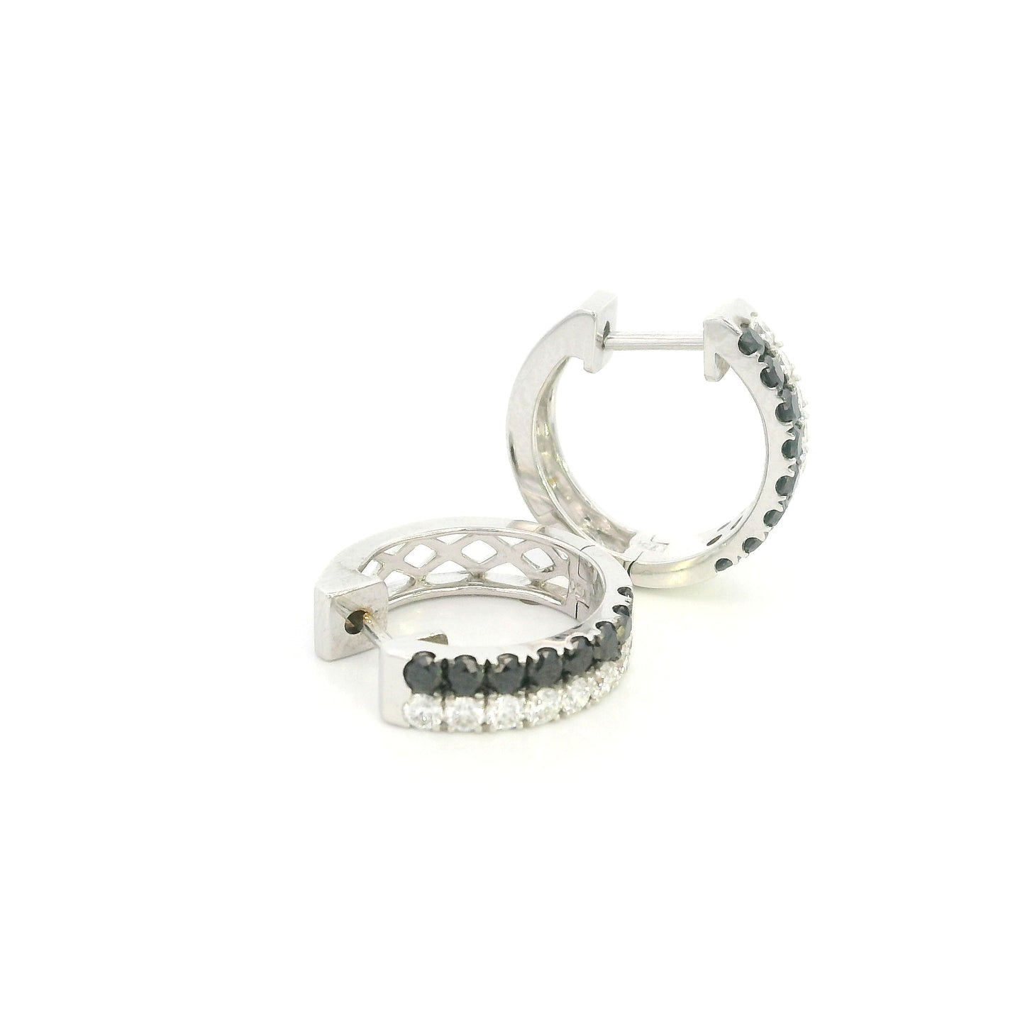 18K white gold black and white diamond hoop earrings with double rows of round diamonds