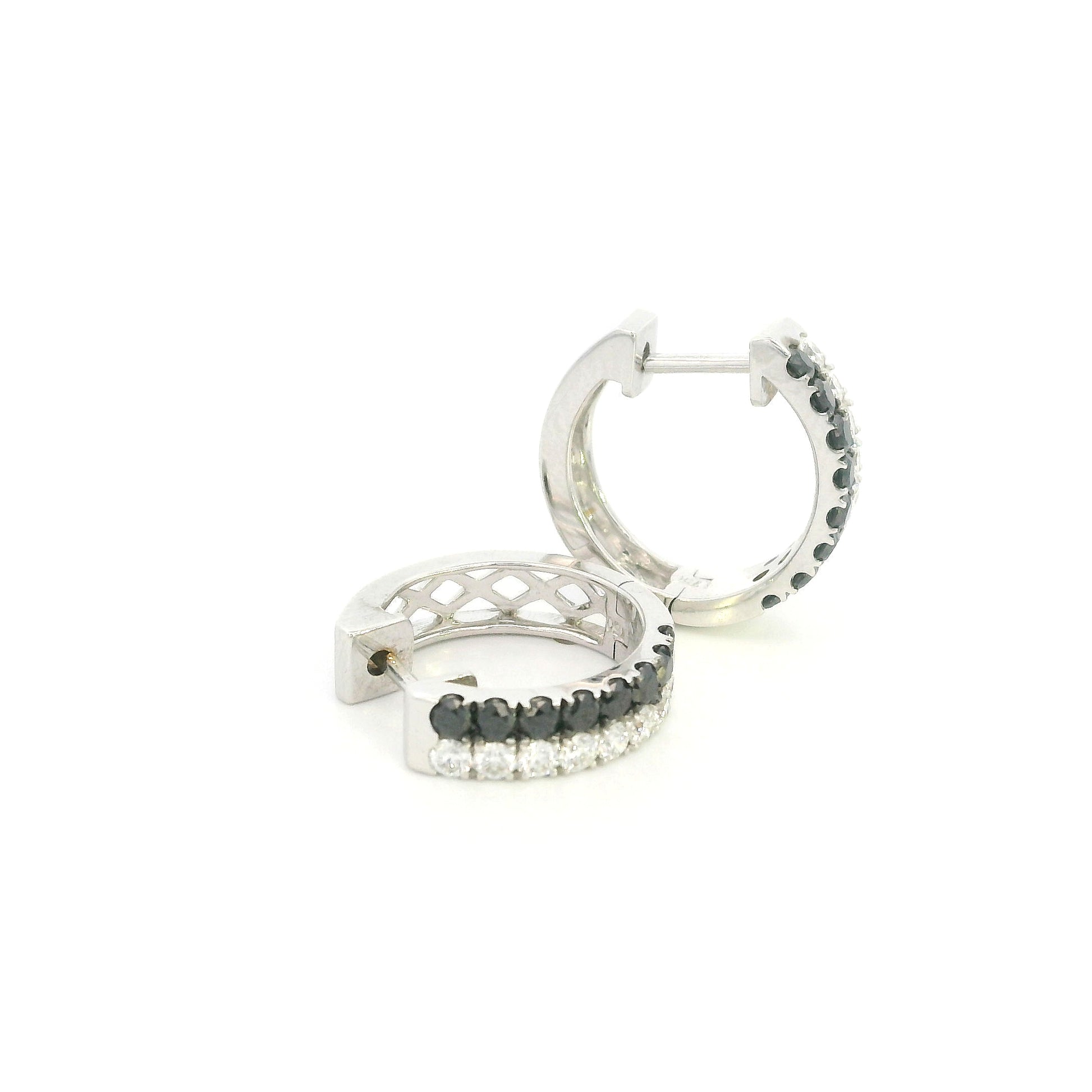 18K white gold black and white diamond hoop earrings with double rows of round diamonds