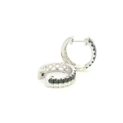 18K white gold black and white diamond hoop earrings with double rows of round diamonds