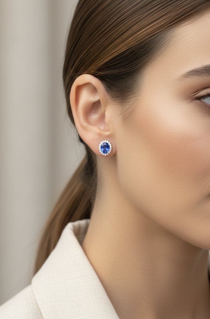 18K white gold earrings featuring oval-cut tanzanite gemstones surrounded by diamond halos by Emirates Diamonds.